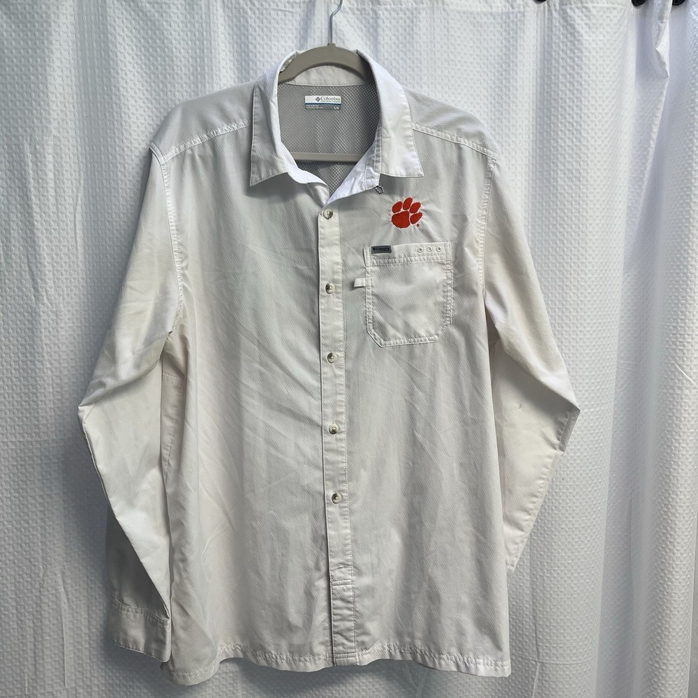 Columbia PFG Omni Shade White Clemson Tigers Embroidered Fishing Shirt Football